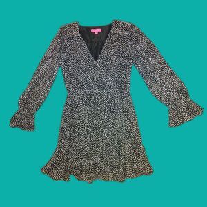 Betsey Johnson Queen of Hearts Chiffon Mini Dress Size 8 Black Cream Ruffle VDAY